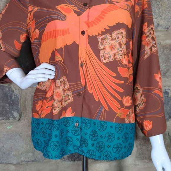 Sag Harbor Oriental Phoenix Print Blouse Orange Brown Turquoise Woman's Small - Picture 4 of 12